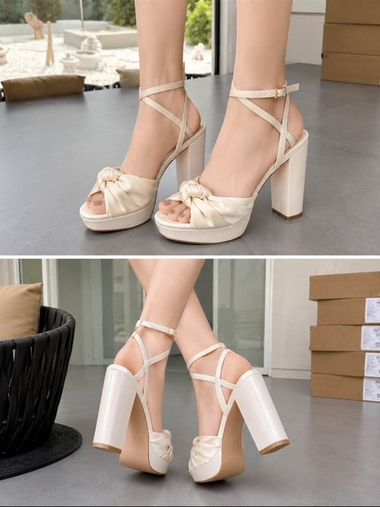 Shoes - Elegant Cream Knotted Platform Block Heel Sandals - Women